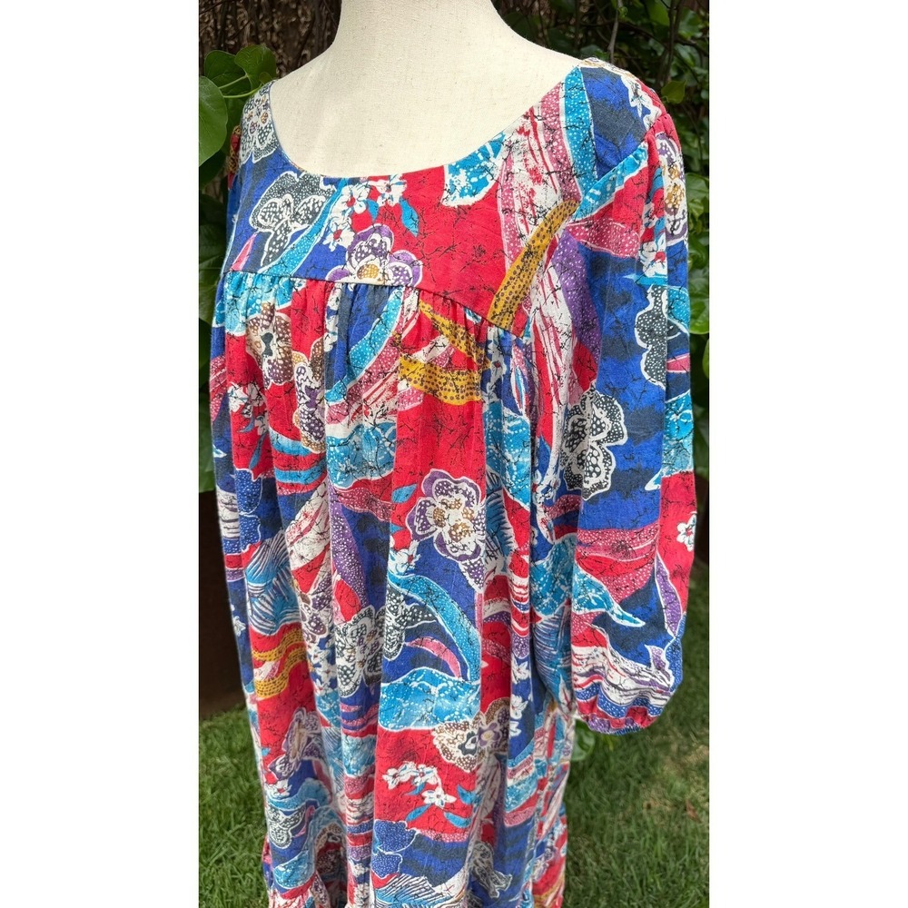 Vtg 80s California Dynasty Batik Floral Peasant Midi Dress Balloon Sleeve Boho - Picture 3 of 8